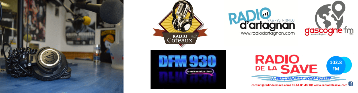 logo des radios partenaires : Radio Coteaux, Radio d'Artagnan, DFM930, Radio de la Save et Gascogne FM